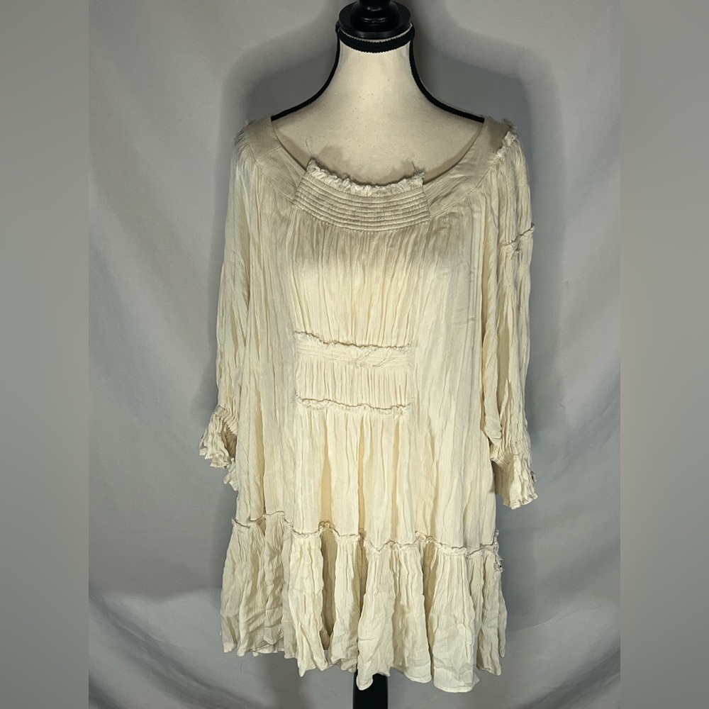 Free People Ivory Voile & Lace  Tunic Mini Dress Cream Boho Smocked Medium